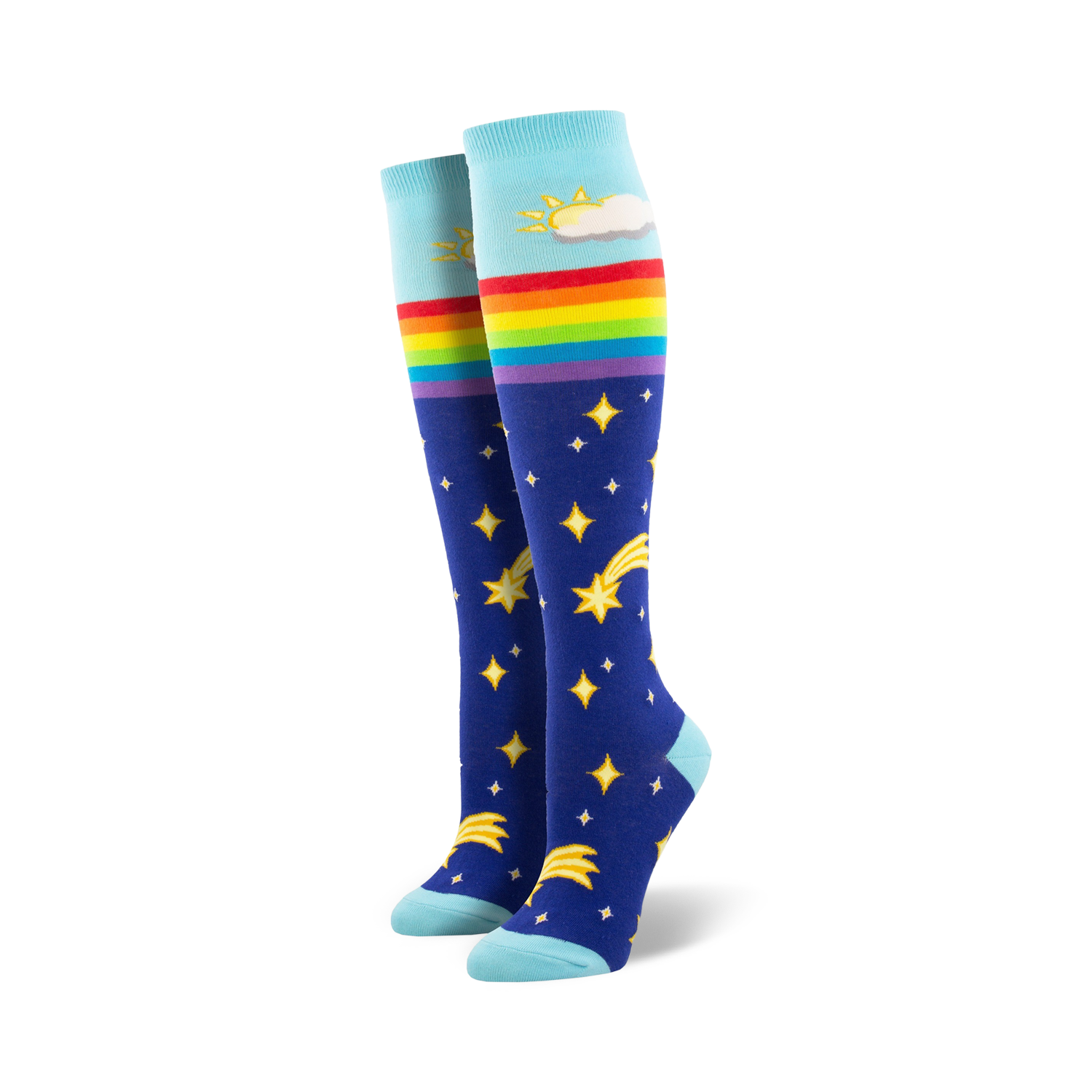 Pair of knee-high socks in blue with a rainbow, shooting stars, and a sun/cloud design. Light blue cuffs.