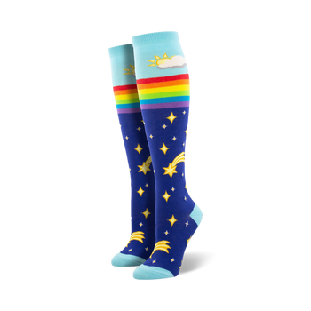 women's rainbow star knee-high socks: a firmament of dreams embroidered across blue skies  