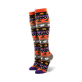 Pair of women's knee-high socks. Orange, gray, purple, and black stripes with pumpkins, ghosts, and witch hats.