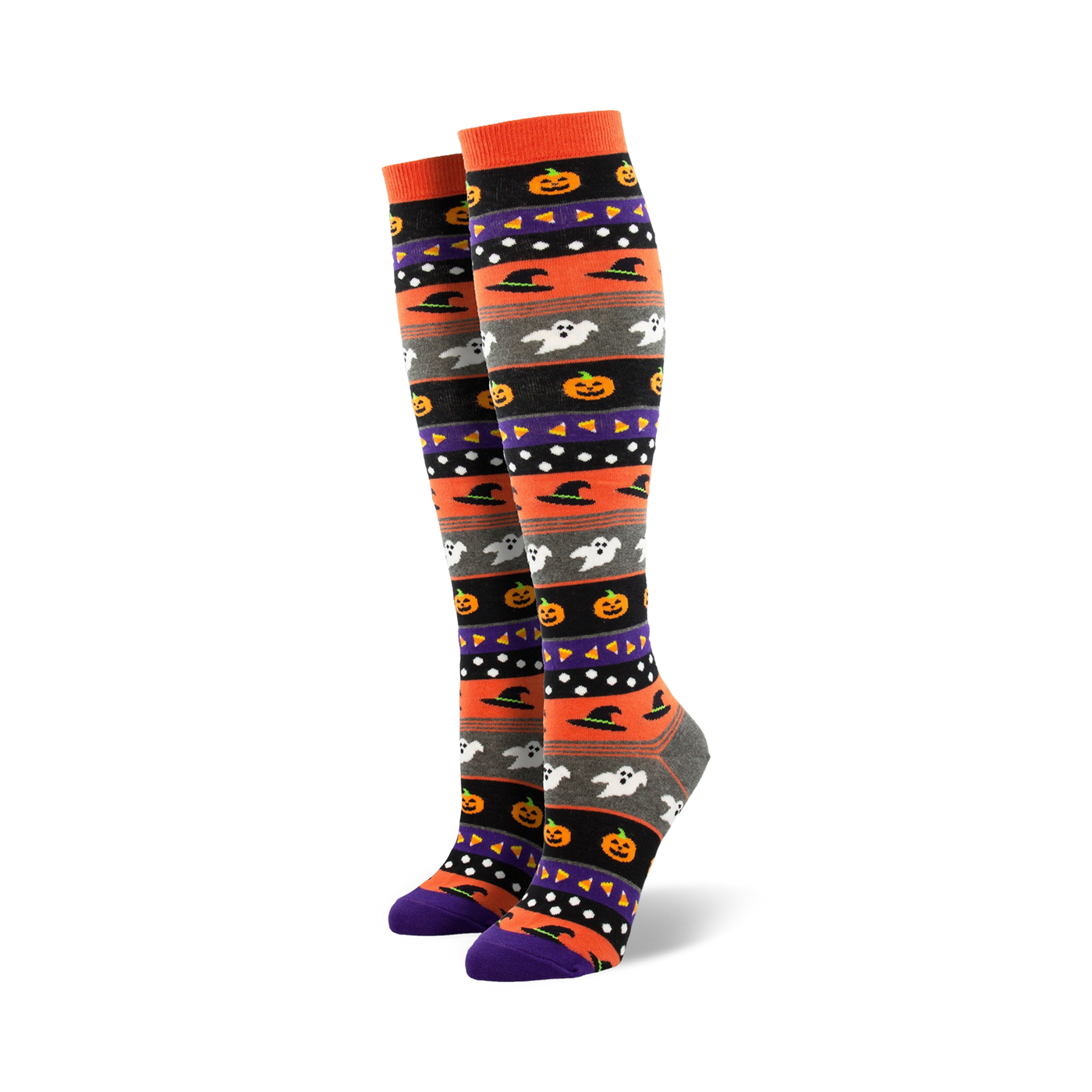 Pair of women's knee-high socks. Orange, gray, purple, and black stripes with pumpkins, ghosts, and witch hats.