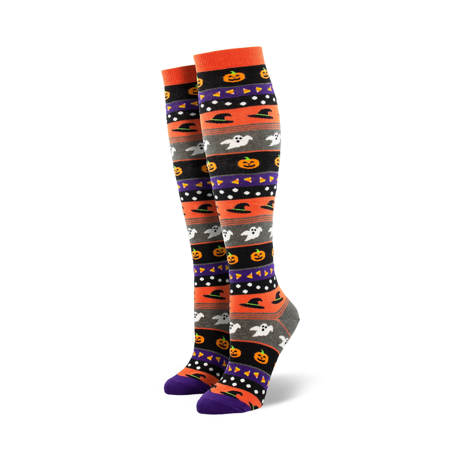 Pair of women's knee-high socks. Orange, gray, purple, and black stripes with pumpkins, ghosts, and witch hats.