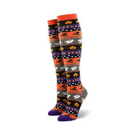 halloween icons knee-high socks: spooktacular orange, gray, purple pattern of pumpkins, ghosts, witch hats for women   