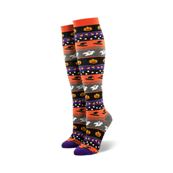halloween icons knee-high socks: spooktacular orange, gray, purple pattern of pumpkins, ghosts, witch hats for women   