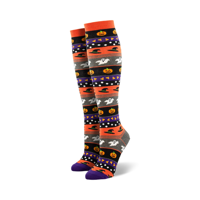 halloween icons knee-high socks: spooktacular orange, gray, purple pattern of pumpkins, ghosts, witch hats for women    }}