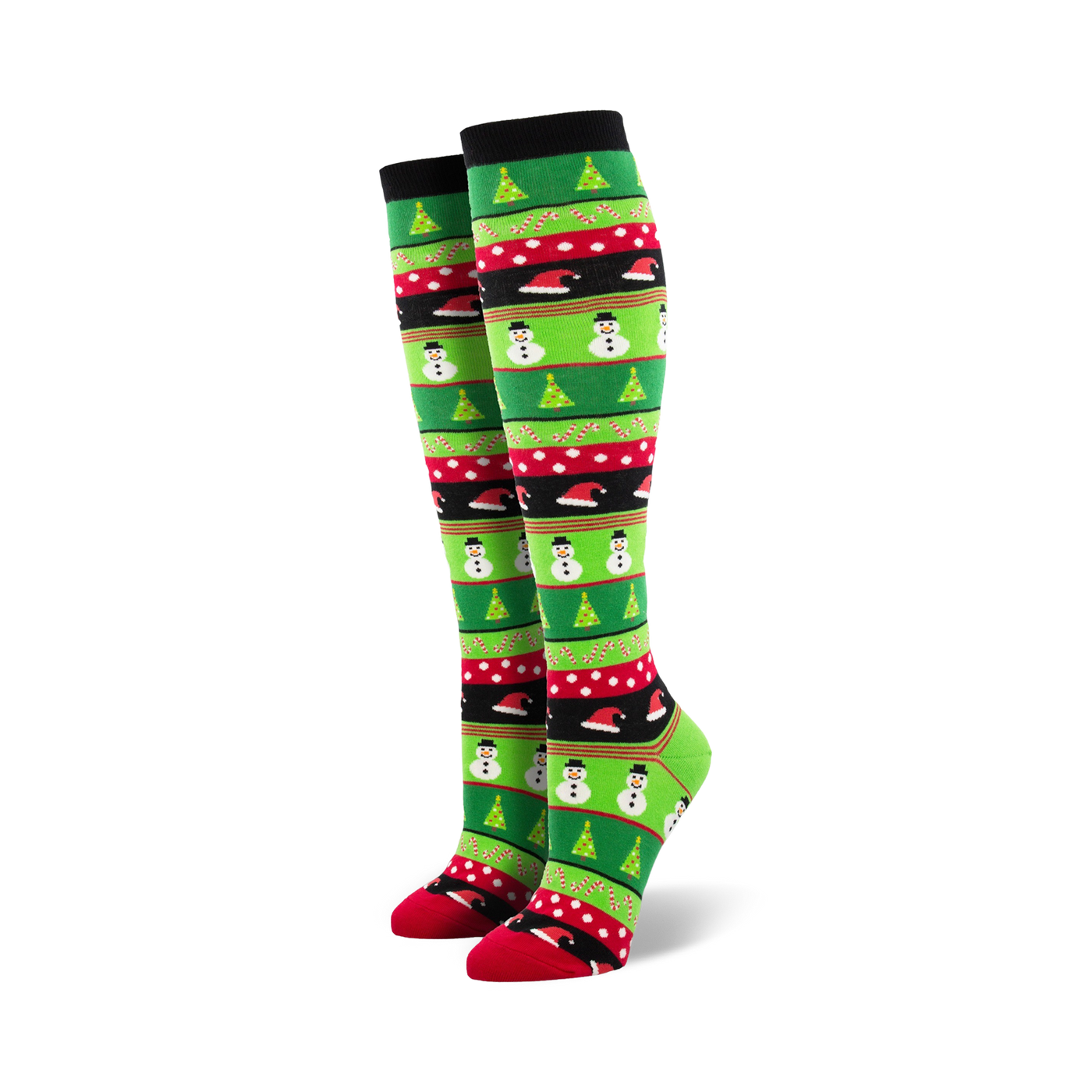 Pair of women's knee-high Christmas socks. Green, red, and black stripes with snowmen, Christmas trees, and candy cane designs.