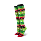 Pair of women's knee-high Christmas socks. Green, red, and black stripes with snowmen, Christmas trees, and candy cane designs.