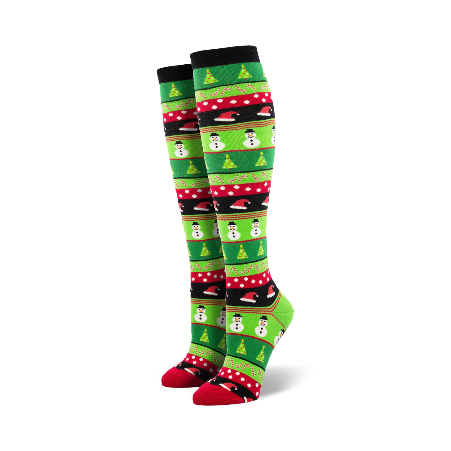 Pair of women's knee-high Christmas socks. Green, red, and black stripes with snowmen, Christmas trees, and candy cane designs.