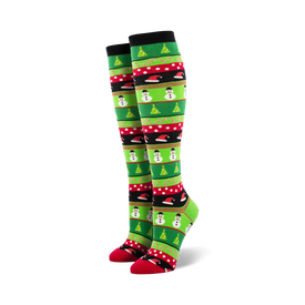 christmas icons knee high socks for women in green, red, and black - fun and festive knee high socks featuring santa hats, snowmen, christmas trees, and candy canes.  