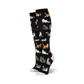 Pair of black knee-high socks with a pattern of cute cats in orange, grey, and white.  A fun and whimsical design.