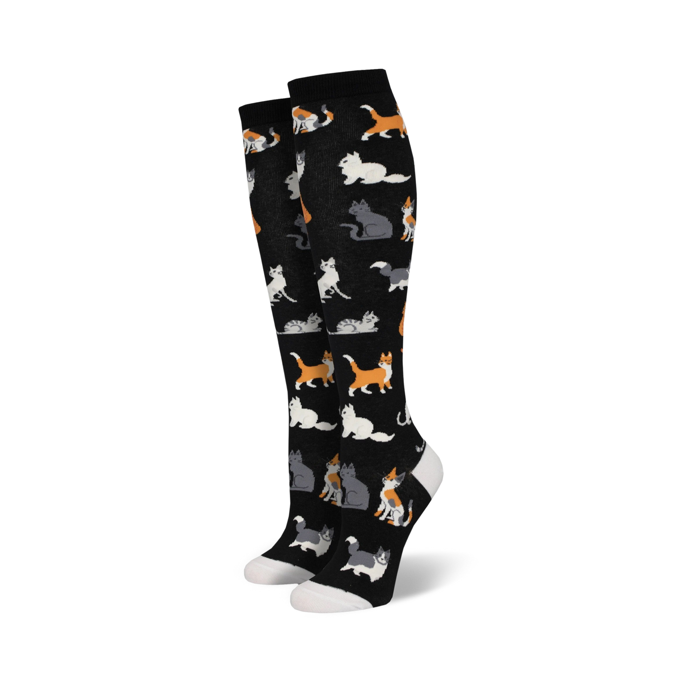Pair of black knee-high socks with a pattern of cute cats in orange, grey, and white.  A fun and whimsical design.