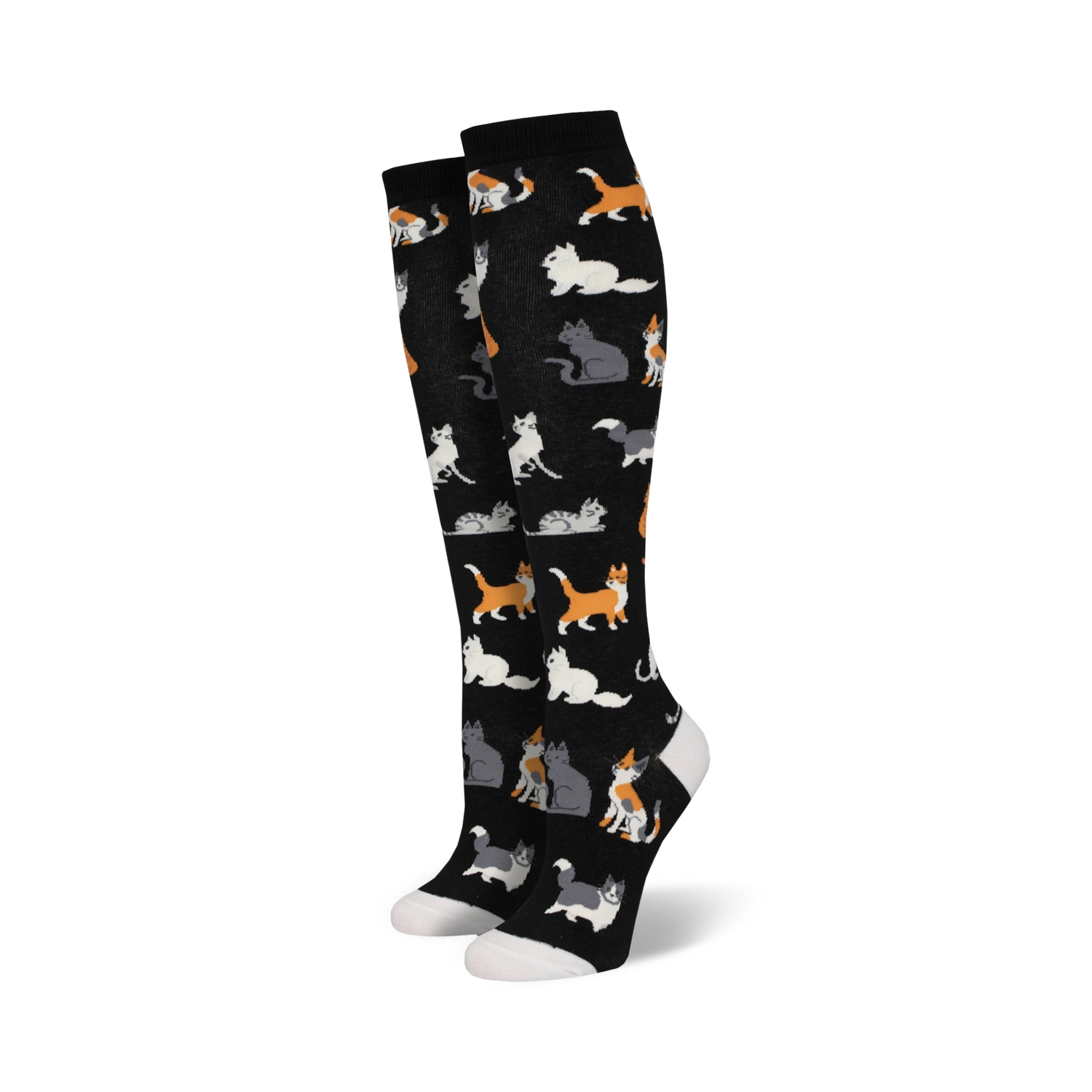 Pair of black knee-high socks with a pattern of cute cats in orange, grey, and white.  A fun and whimsical design.
