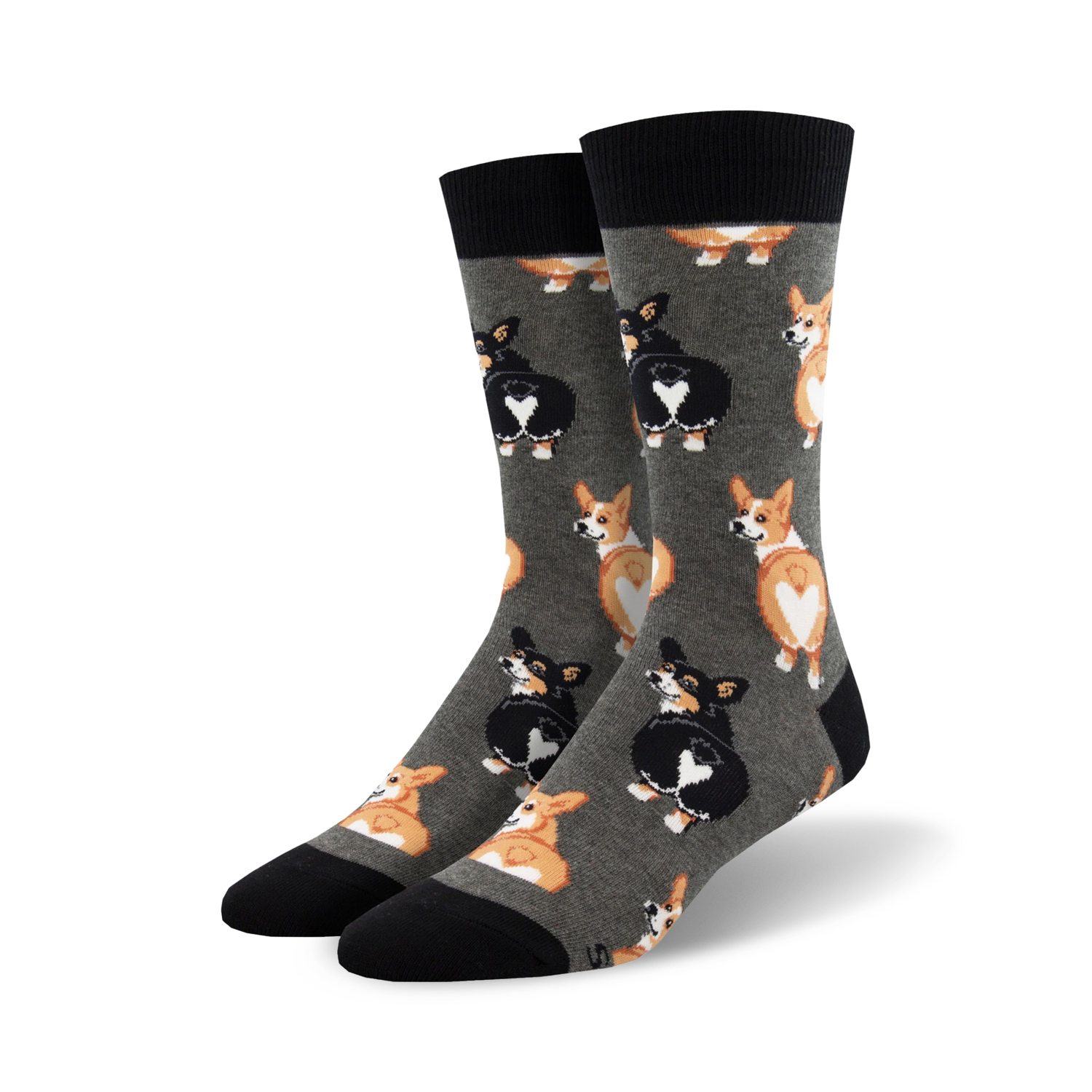 Pair of crew socks, grey and black, featuring a repeating pattern of corgi butts with heart-shaped markings.