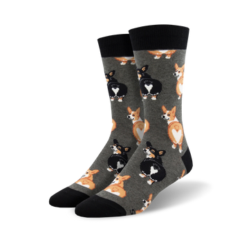 men's crew socks with playful corgi butt pattern in black, brown, and white.  