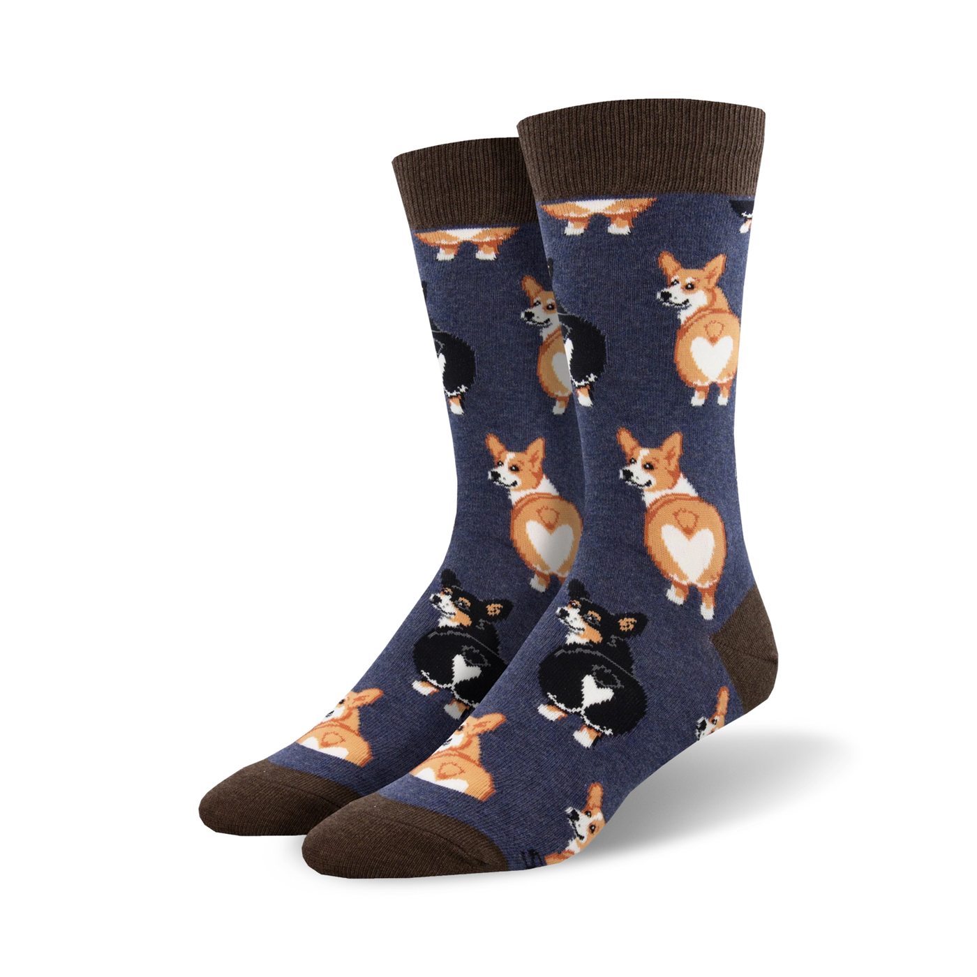 Close-up view of a pair of navy blue crew socks with a pattern of corgi butts. The socks have brown cuffs.