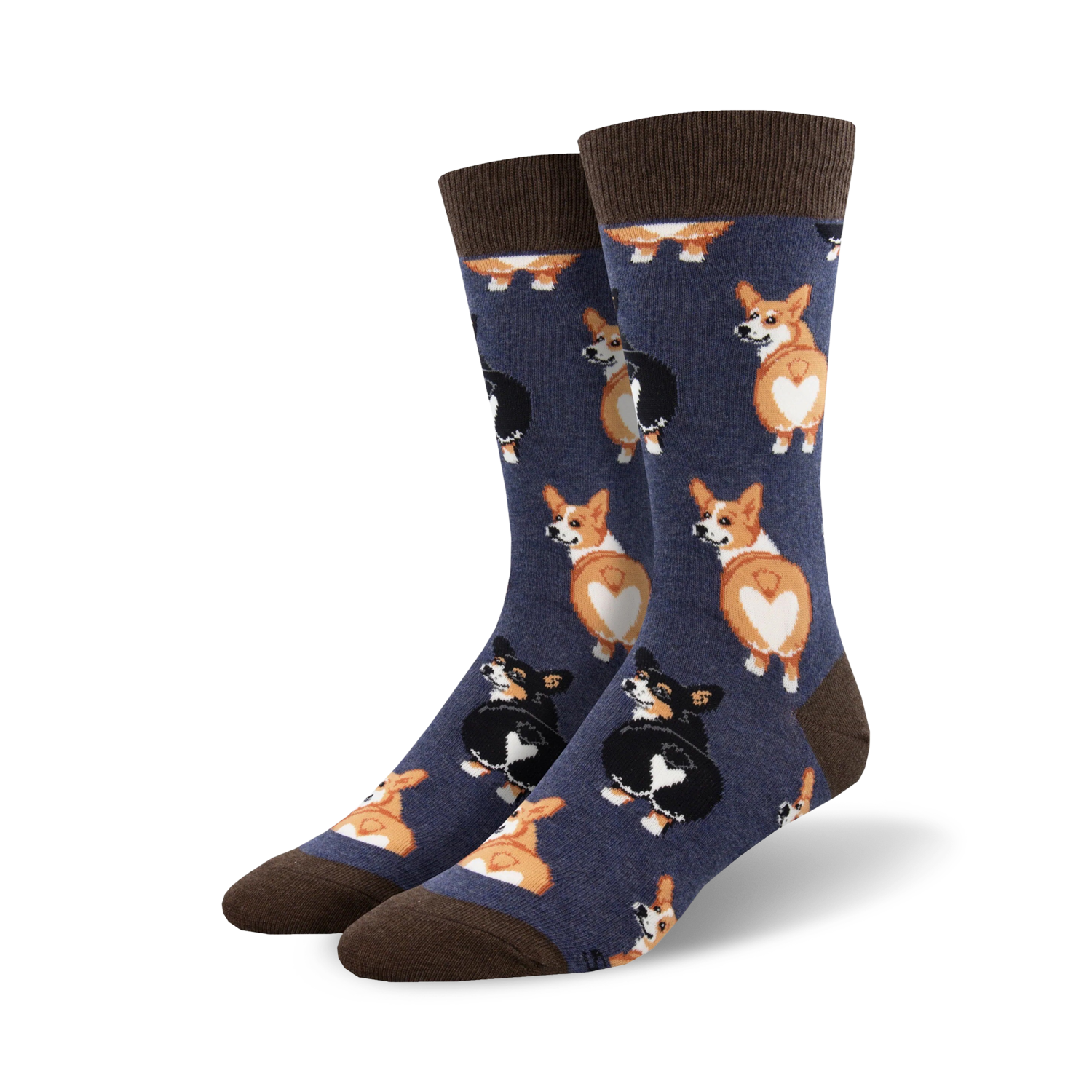 Close-up view of a pair of navy blue crew socks with a pattern of corgi butts. The socks have brown cuffs.