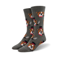 Pair of crew socks, grey background, featuring repeating image of a brown and white bulldog wearing a top hat and smoking a pipe.