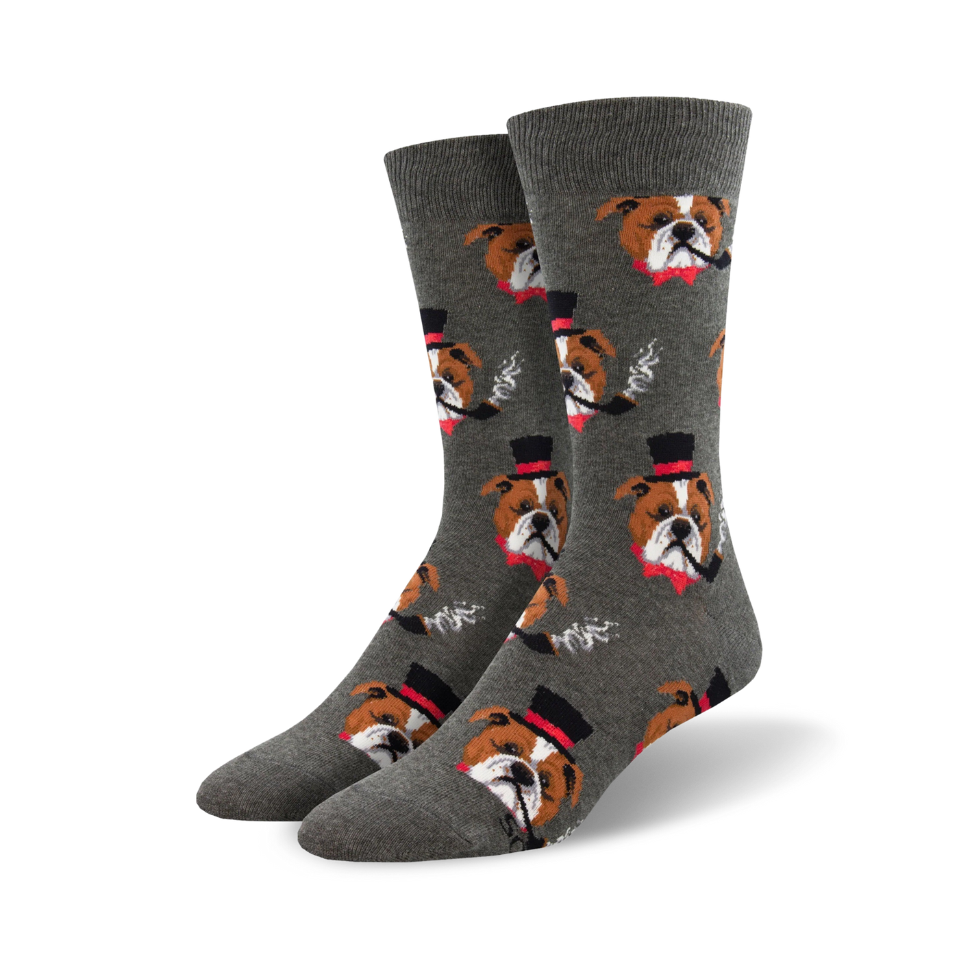 Pair of crew socks, grey background, featuring repeating image of a brown and white bulldog wearing a top hat and smoking a pipe.