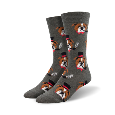 dapper dog sock: mens novelty crew with bulldog in top hats (gray)  