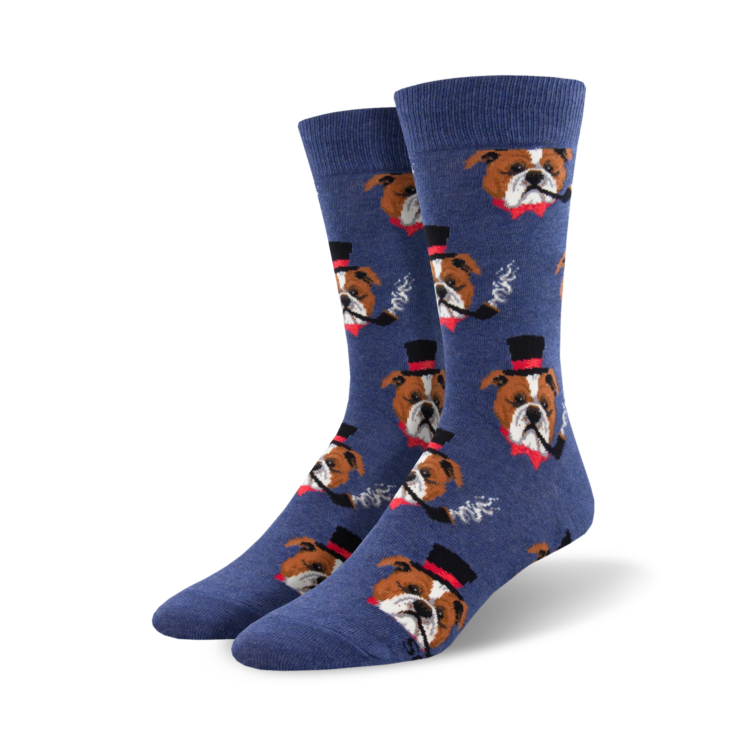 Lifestyle shot showing the blue Dapper Dog socks on a person's feet; the socks match the same design as the main image.