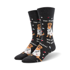 Pair of crew socks; dark gray and blue options; Golden Retriever wearing a doctor's coat, pills and text.
