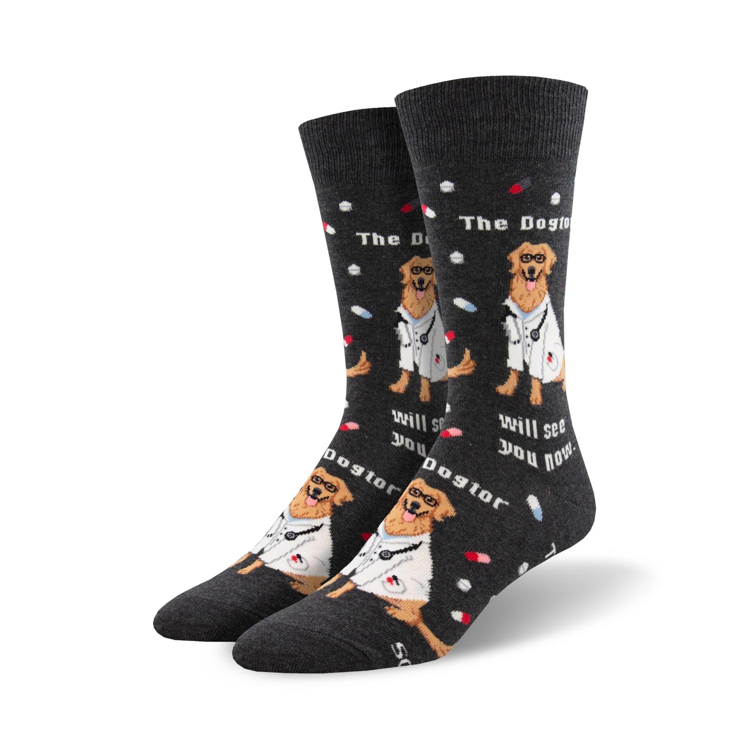 Pair of crew socks; dark gray and blue options; Golden Retriever wearing a doctor's coat, pills and text.