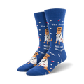 Lifestyle photo showing the blue 'Dogtor' socks on a person's feet.