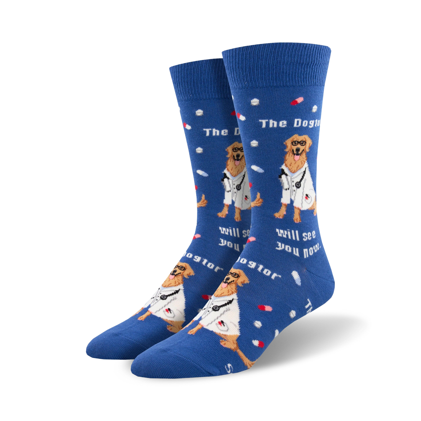 Lifestyle photo showing the blue 'Dogtor' socks on a person's feet.