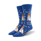 Lifestyle photo showing the blue 'Dogtor' socks on a person's feet.