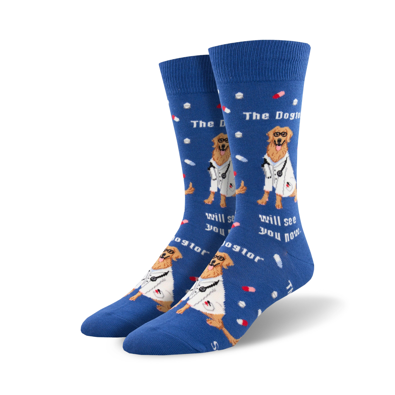 Lifestyle photo showing the blue 'Dogtor' socks on a person's feet.
