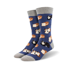 mens crew length cat loaf socks featuring four loaves of bread with a cat on each loaf.  