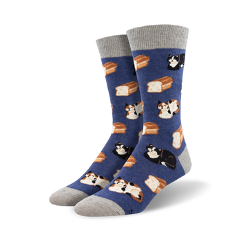 mens crew length cat loaf socks featuring four loaves of bread with a cat on each loaf.  