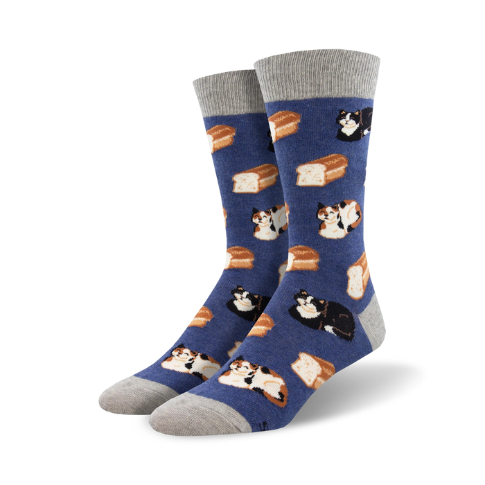 mens crew length cat loaf socks featuring four loaves of bread with a cat on each loaf.   }}