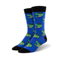 Pair of blue crew socks featuring a repeating pattern of cartoon crocodiles wearing sunglasses and giving a thumbs up.