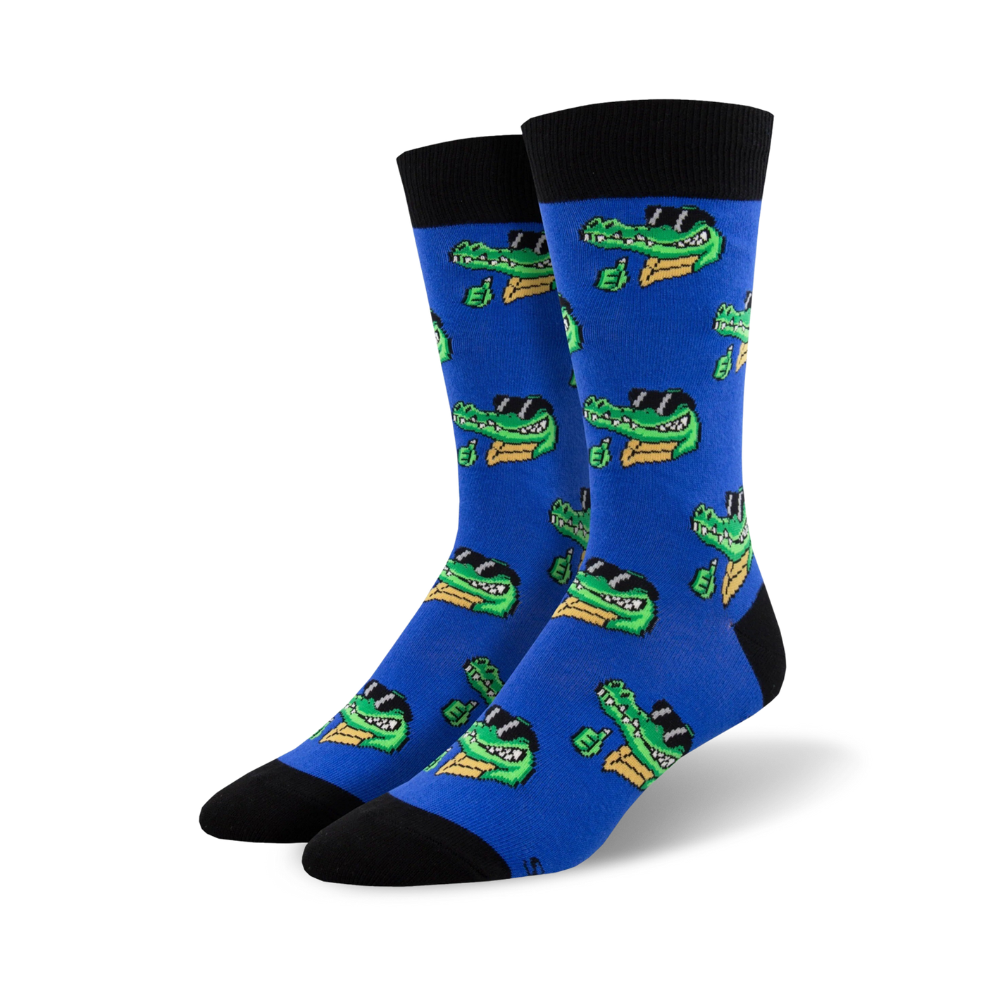 Pair of blue crew socks featuring a repeating pattern of cartoon crocodiles wearing sunglasses and giving a thumbs up.