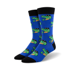 Pair of blue crew socks featuring a repeating pattern of cartoon crocodiles wearing sunglasses and giving a thumbs up.