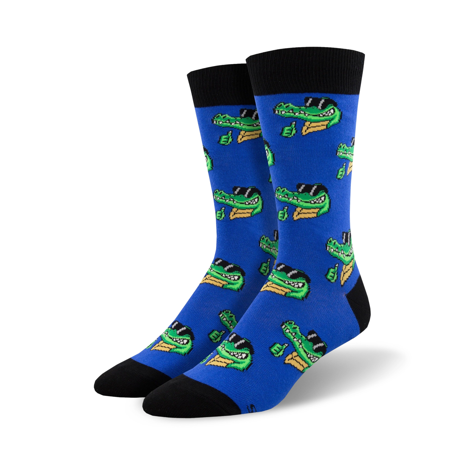 Pair of blue crew socks featuring a repeating pattern of cartoon crocodiles wearing sunglasses and giving a thumbs up.