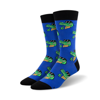 men's crew socks, blue with an all-over pattern of cartoon green and yellow crocodiles wearing sunglasses and giving a thumbs up.  