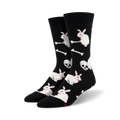 A pair of black crew socks with a pattern of white bunnies, skulls, and bones.  A slightly sinister, but fun design!