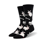 A pair of black crew socks with a pattern of white bunnies, skulls, and bones.  A slightly sinister, but fun design!