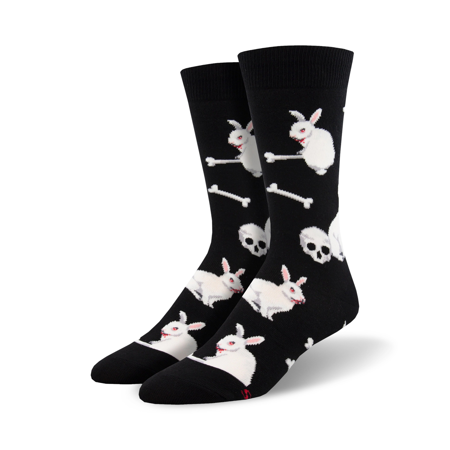 A pair of black crew socks with a pattern of white bunnies, skulls, and bones.  A slightly sinister, but fun design!