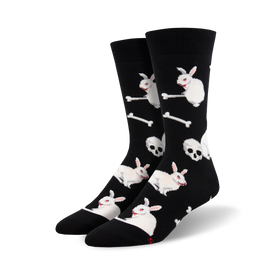 black crew socks with white cartoon rabbits, blood dripping from mouths, standing on bones and skulls.   