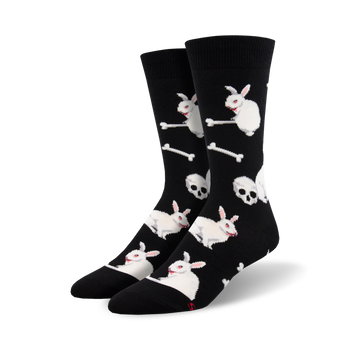A pair of black crew socks with a pattern of white bunnies, skulls, and bones.  A slightly sinister, but fun design!