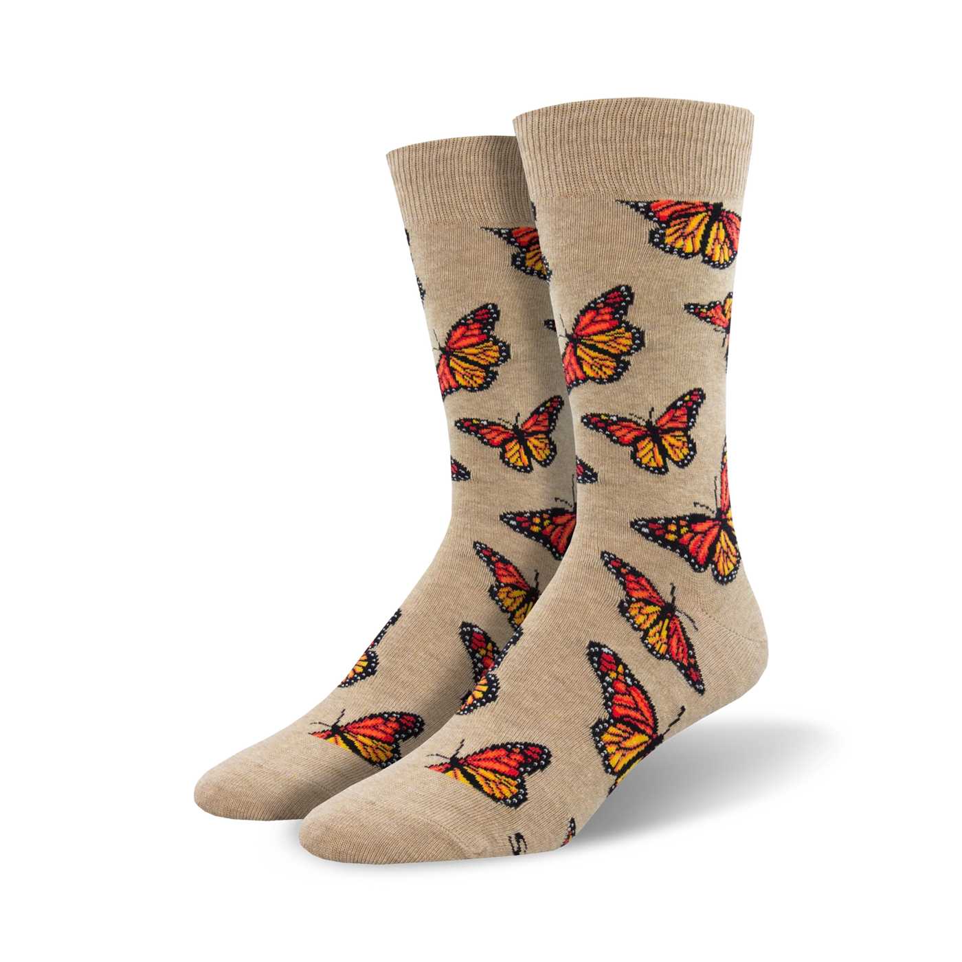 Pair of tan crew socks with a repeating pattern of orange and black monarch butterflies.