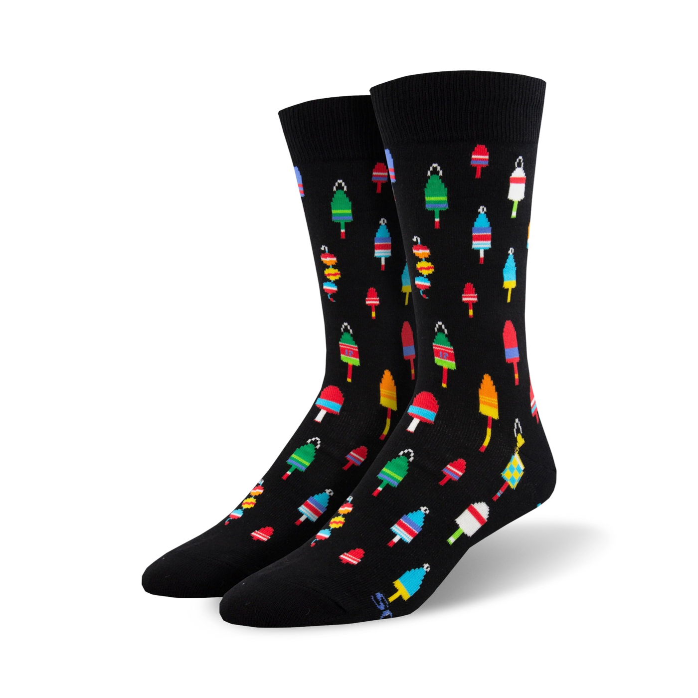 A pair of black crew socks with a fun pattern of colorful nautical buoys. The buoys are in various shades of red, green, yellow, and blue.