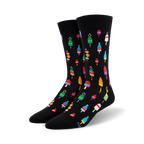 A pair of black crew socks with a fun pattern of colorful nautical buoys. The buoys are in various shades of red, green, yellow, and blue.