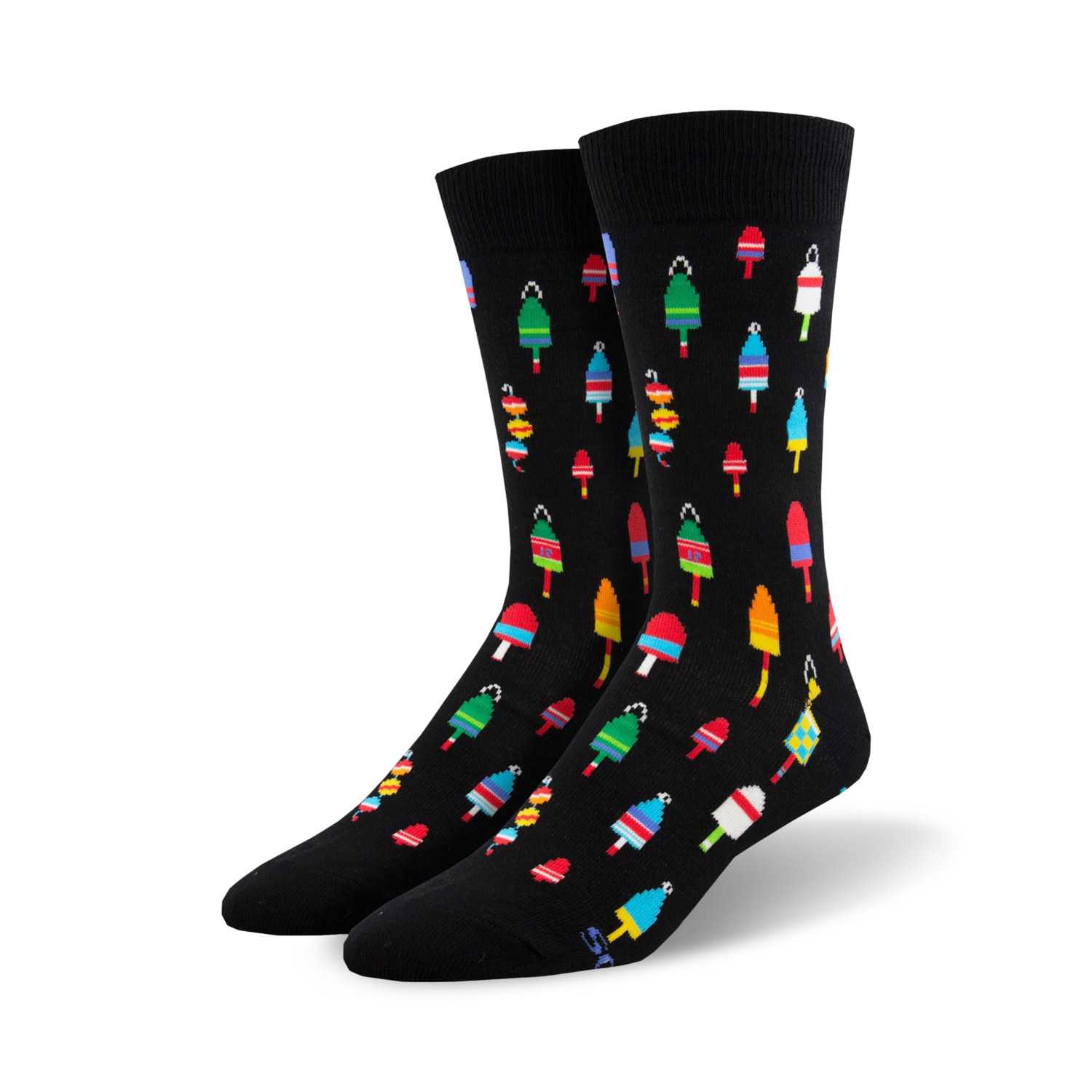 A pair of black crew socks with a fun pattern of colorful nautical buoys. The buoys are in various shades of red, green, yellow, and blue.