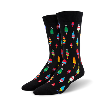 black crew socks for men with a pattern of multi-colored buoys.   