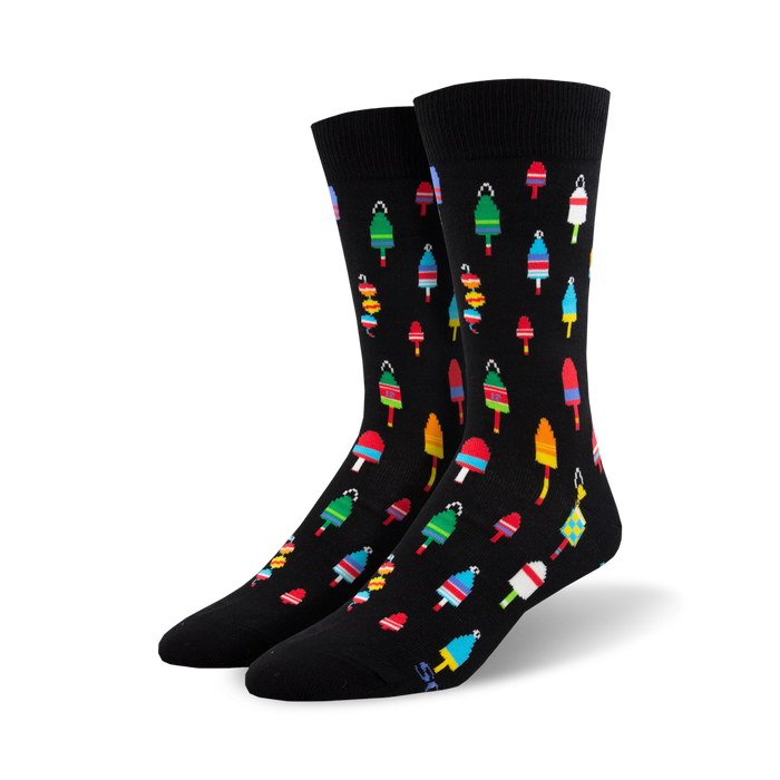 black crew socks for men with a pattern of multi-colored buoys.    }}