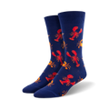 Pair of crew socks with a navy blue background and a repeating pattern of red lobsters and orange crabs.