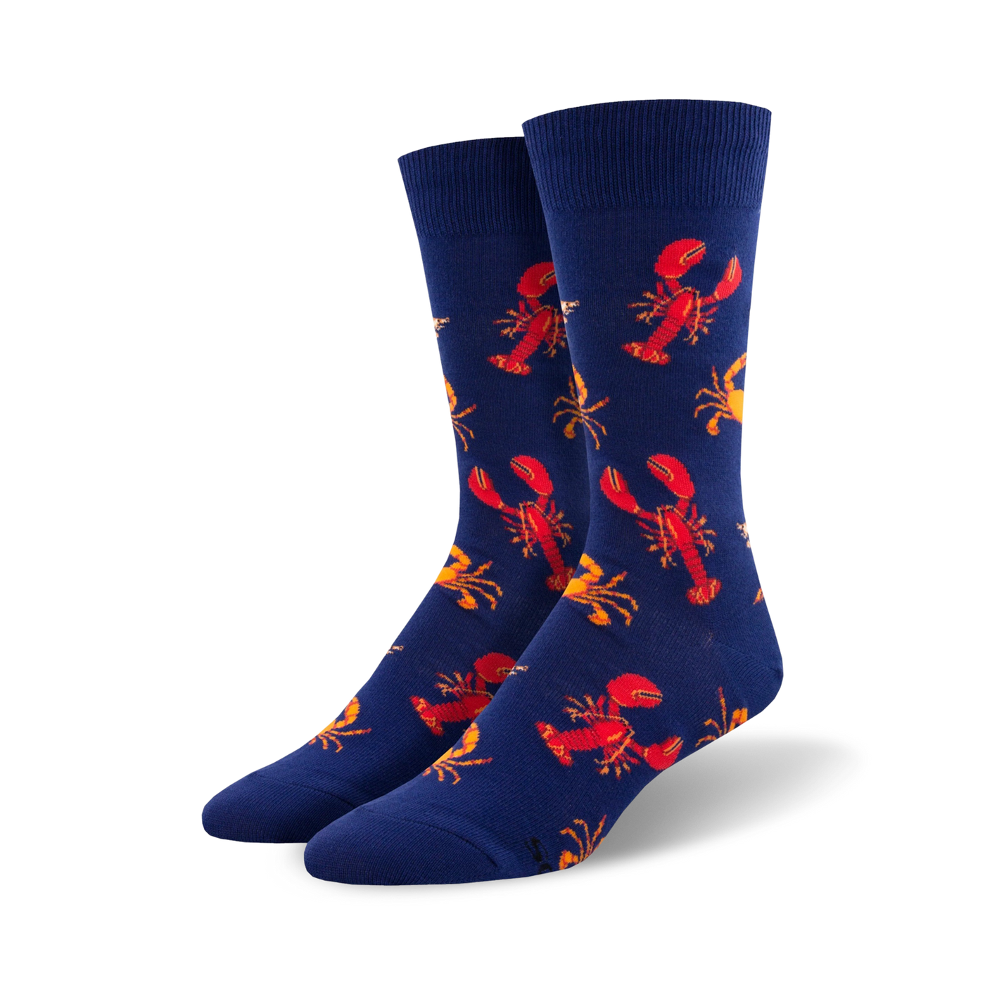 Pair of crew socks with a navy blue background and a repeating pattern of red lobsters and orange crabs.